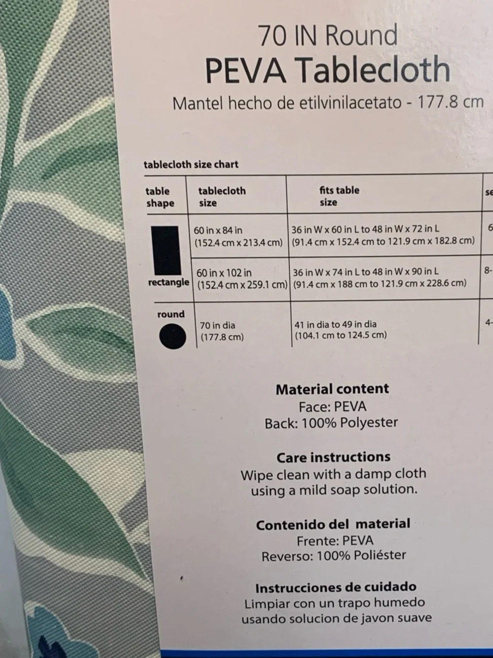 Floral Print Tablecloth in Blue/Gray/Green 70” round flocked back PEVA vinyl